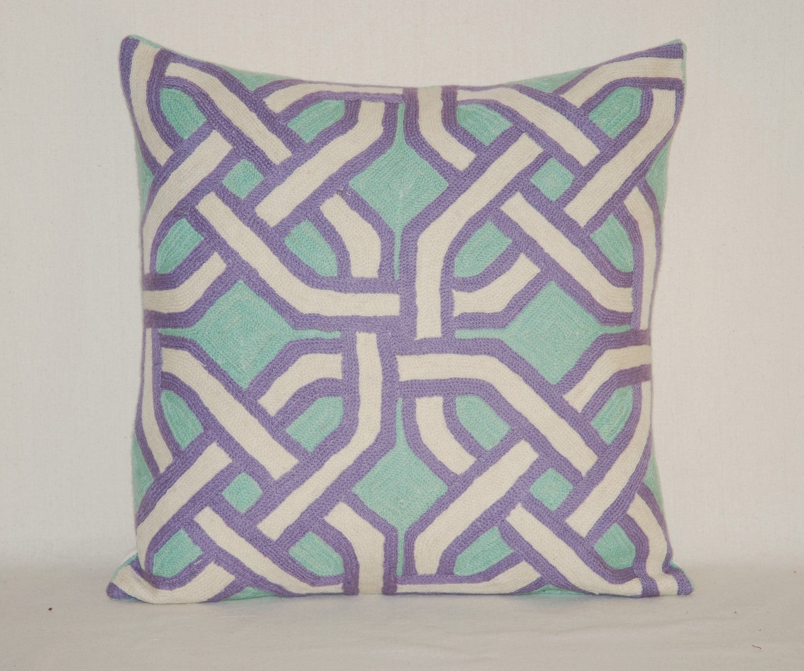 Crewel Cushion Cover Throw Pillow, Purple and Teal Embroidery #CW-1103