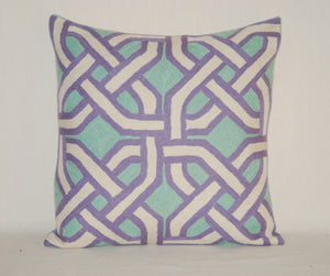 Crewel Cushion Cover Throw Pillow, Purple and Teal Embroidery #CW-1103