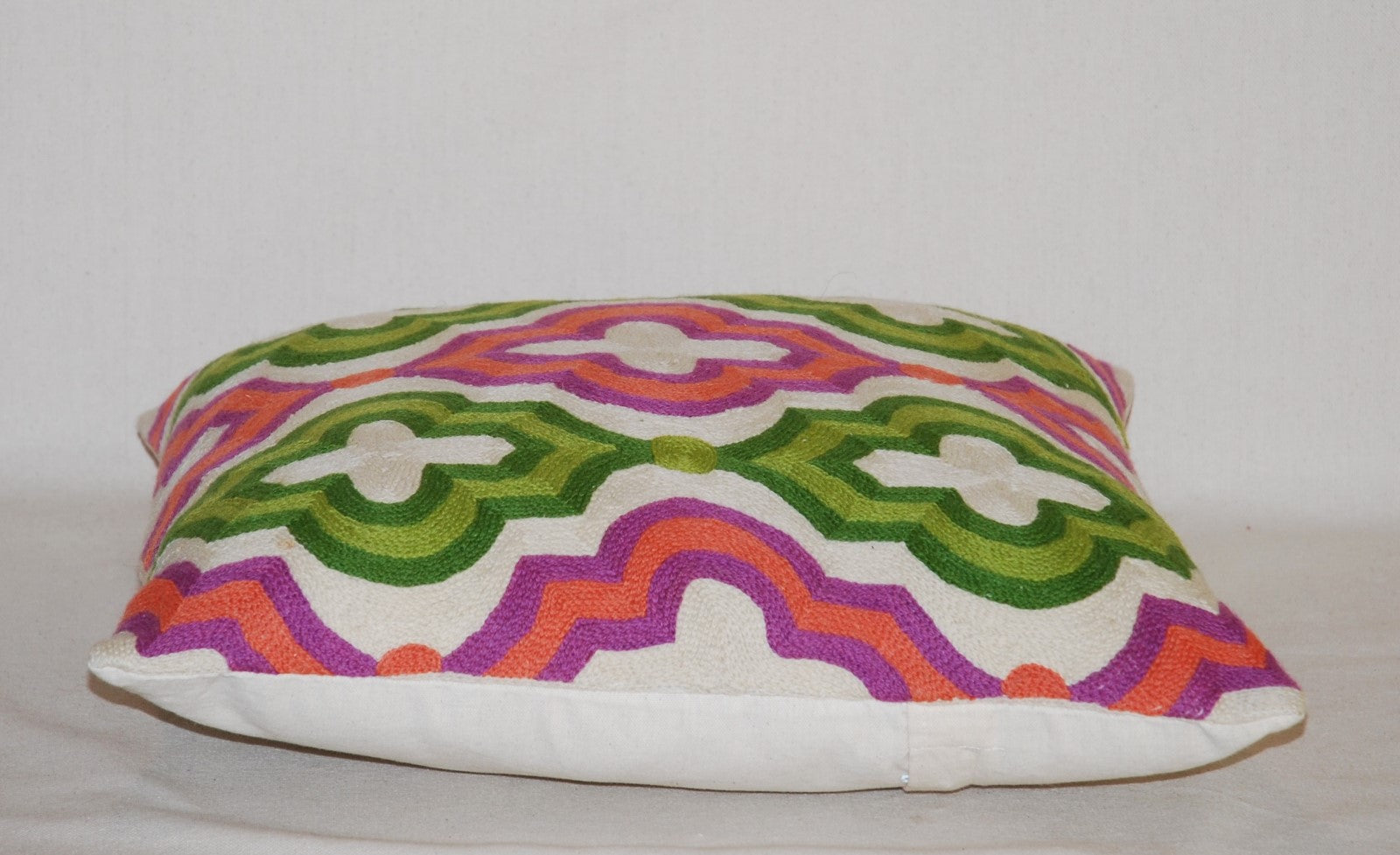 Crewel Cushion Cover Throw Pillow, Pink and Green Embroidery #CW-1104