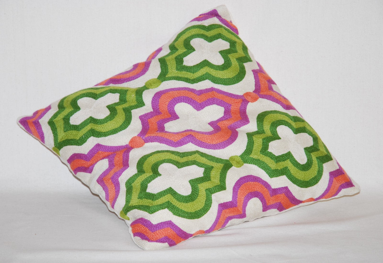 Crewel Cushion Cover Throw Pillow, Pink and Green Embroidery #CW-1104