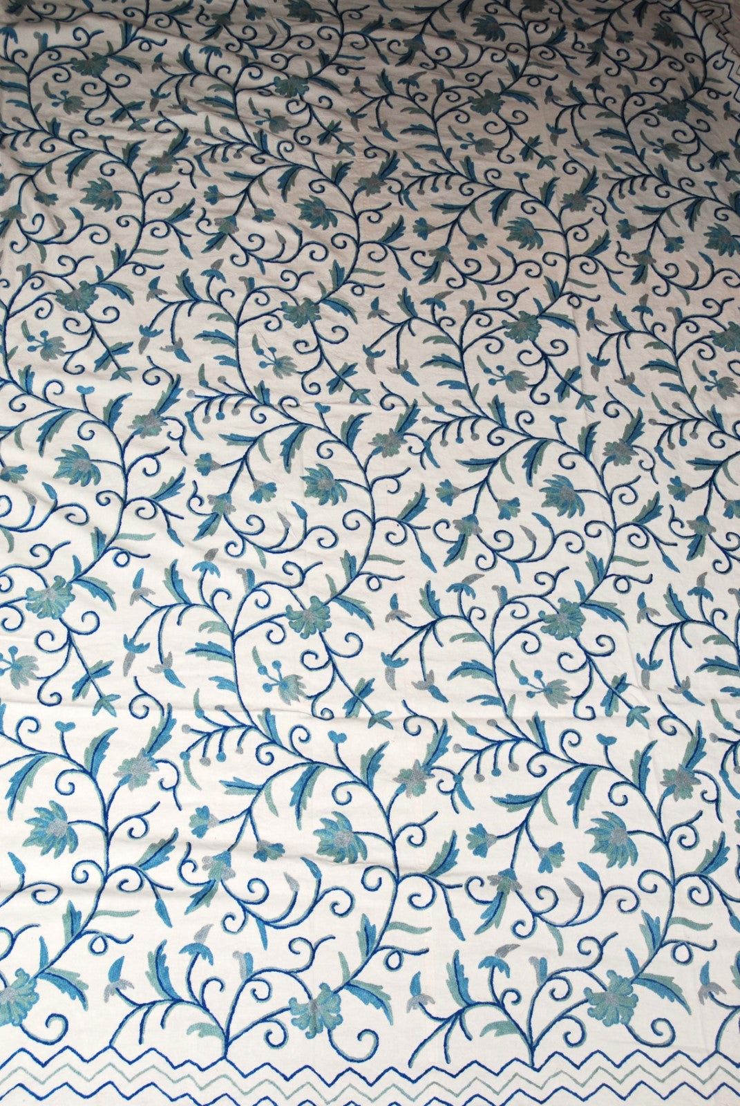 Cotton Crewel Embroidered Bedspread Jacobean, Blue on White #TML1011