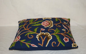 Crewel Wool on Cotton Throw Pillow Cushion Cover Navy Blue, Multicolor #CW232