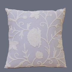 Cotton Crewel Pillow Cushion Cover Floral, White on Grey #CW341