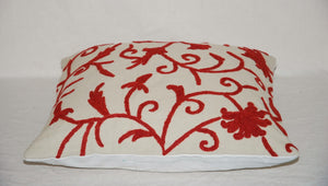 Crewel Embroidery Throw Pillowcase, Cushion Cover "Jacobean" Red on Beige #CW342