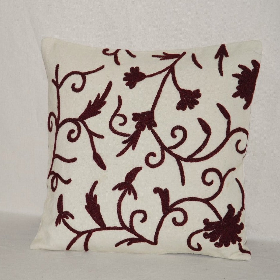 Crewel Embroidery Throw Pillowcase, Cushion Cover "Jacobean", Maroon on Cream #CW352