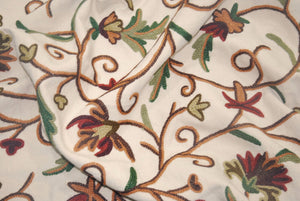 Crewel Upholstery Fabric Beige, Multicolor Embroidery #FLR105