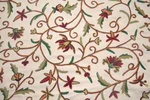 Crewel Upholstery Fabric Beige, Multicolor Embroidery #FLR105
