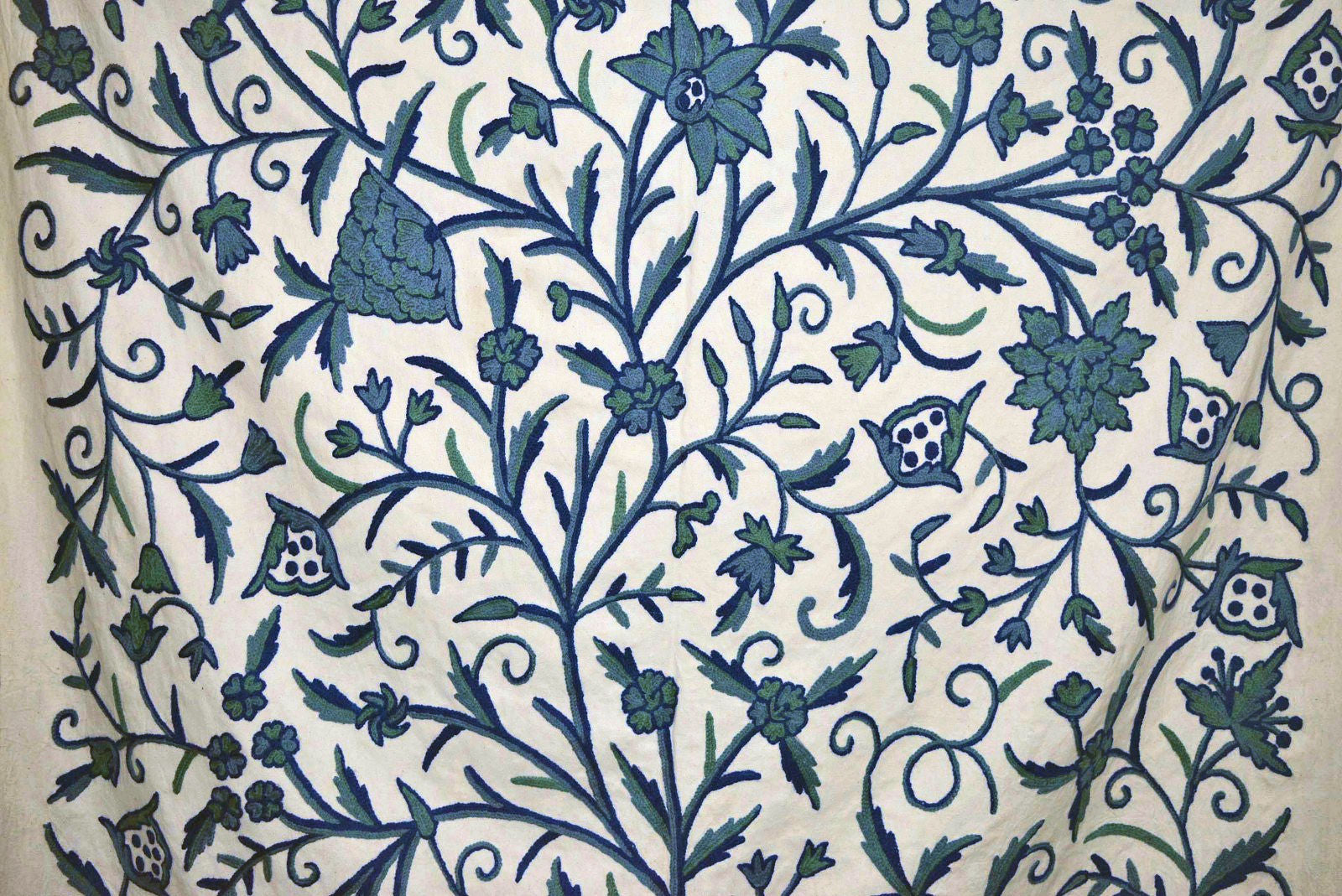 Cotton Crewel Embroidered Fabric Tree of Life, Blue on White #DDR011