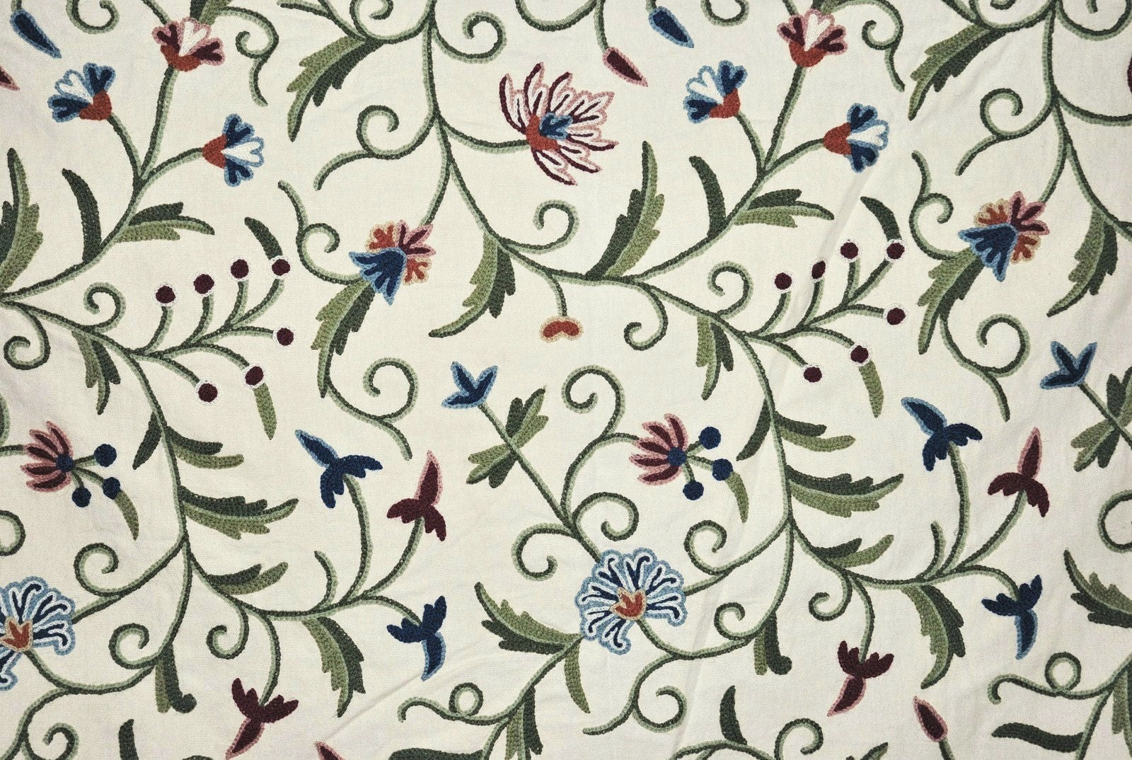 Cotton Crewel Embroidered Fabric Jacobean Cream, Multicolor #TML002