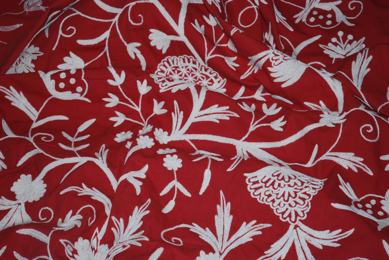 Cotton Crewel Embroidered Fabric Tree of Life, White on Red #DDR032