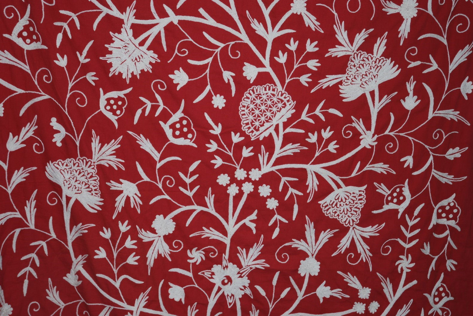 Cotton Crewel Embroidered Fabric Tree of Life, White on Red #DDR032