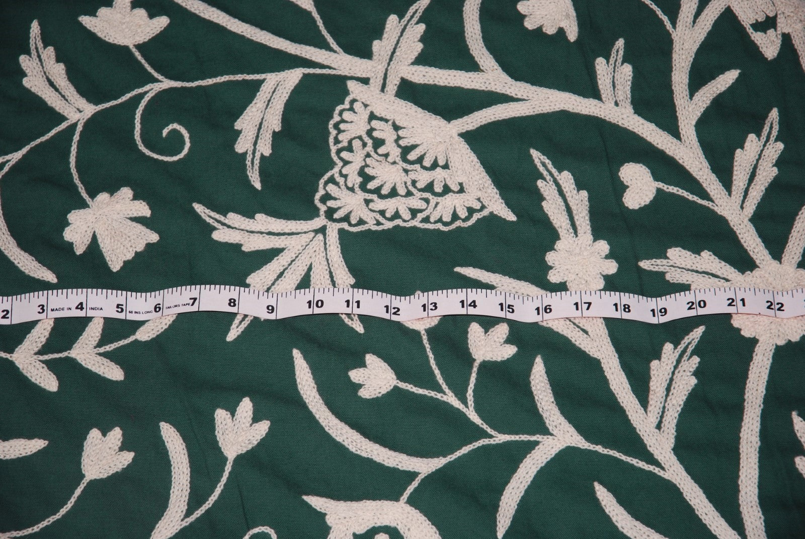 Cotton Crewel Embroidered Fabric Tree of Life, White on Green #DDR072