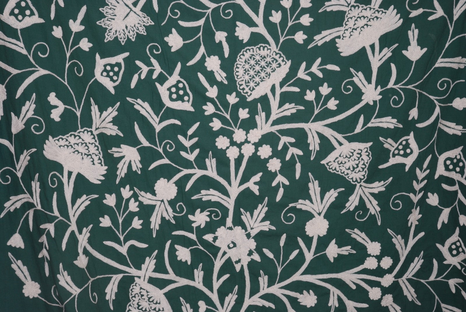 Cotton Crewel Embroidered Fabric Tree of Life, White on Green #DDR072