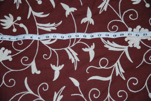 Cotton Crewel Embroidered Fabric Jacobean, White on Maroon #TML558