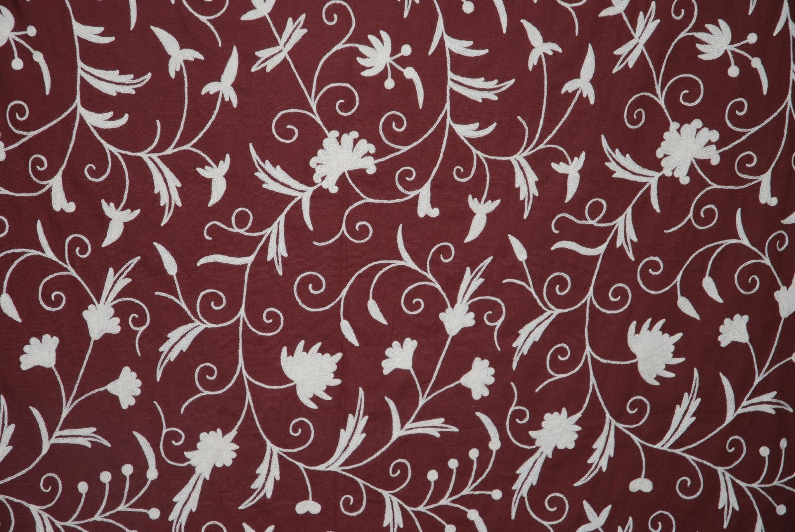Cotton Crewel Embroidered Fabric Jacobean, White on Maroon #TML558