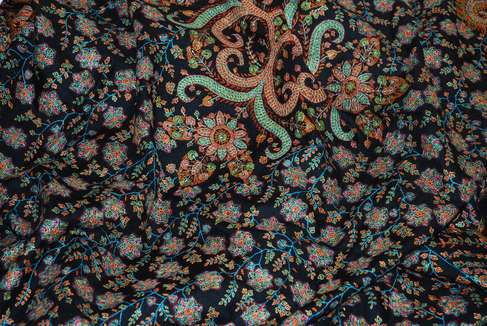 Kashmir Pashmina Cashmere "Sozni" Needlework Jamavar Shawl Black, Multicolor Embroidery #PJM-005