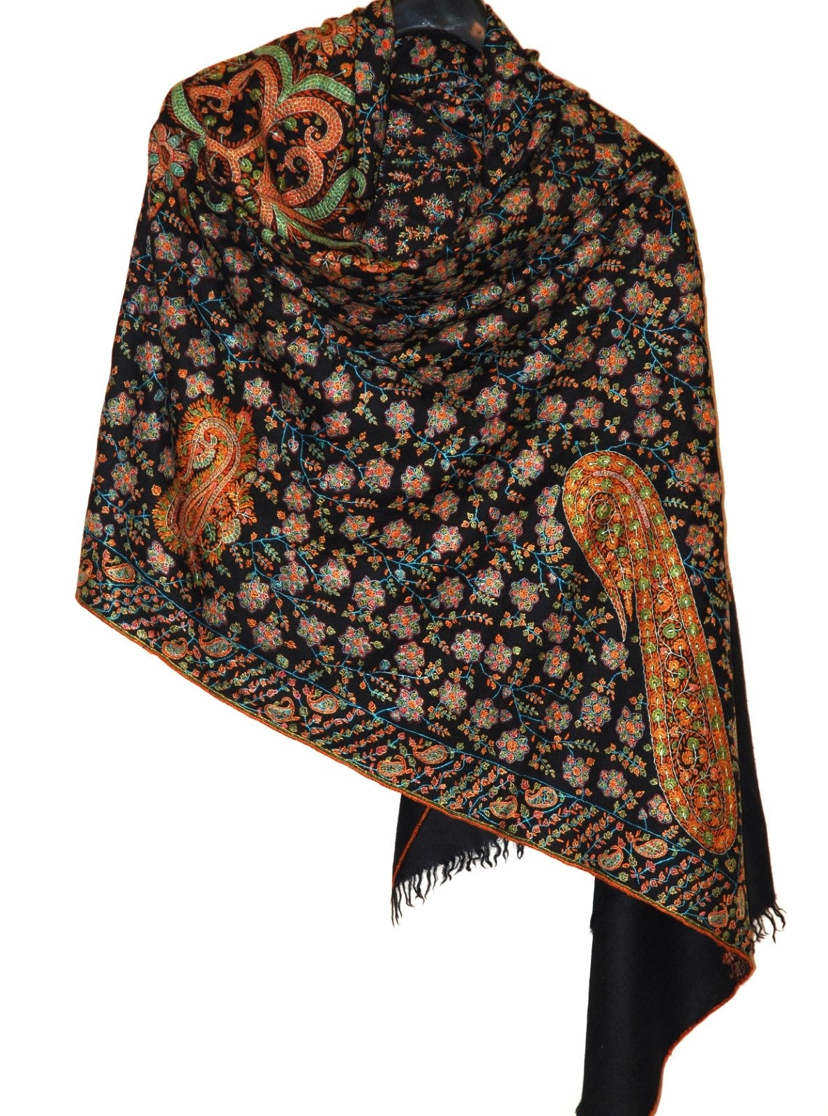 Kashmir Pashmina Cashmere "Sozni" Needlework Jamavar Shawl Black, Multicolor Embroidery #PJM-005
