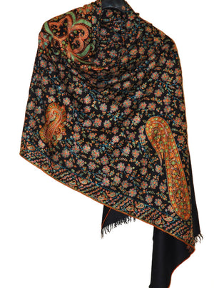 Kashmiri Hand Embroidered Pashmina Cashmere "Sozni" Needlework Shawl Black, Multicolor #PJM-005