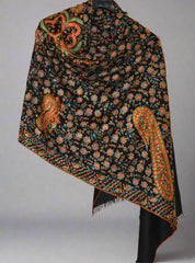 Kashmir Pashmina Cashmere "Sozni" Needlework Jamavar Shawl Black, Multicolor Embroidery #PJM-005