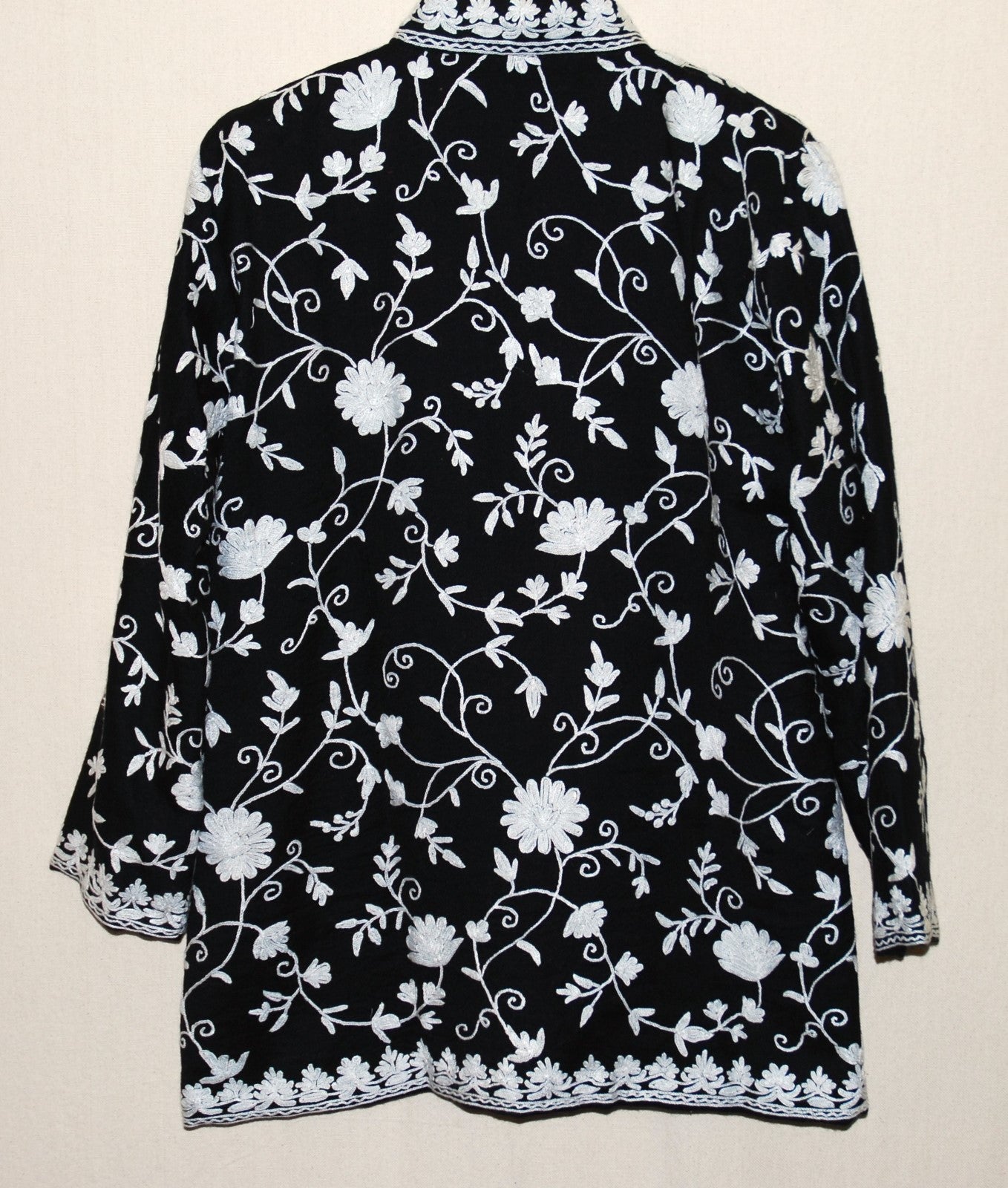Kashmiri Embroidered Woolen Jacket,  White on Black #AO-056