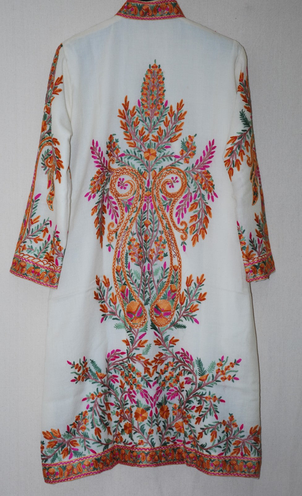 Woolen Coat Long Jacket White, Multicolor Embroidery #AO-180