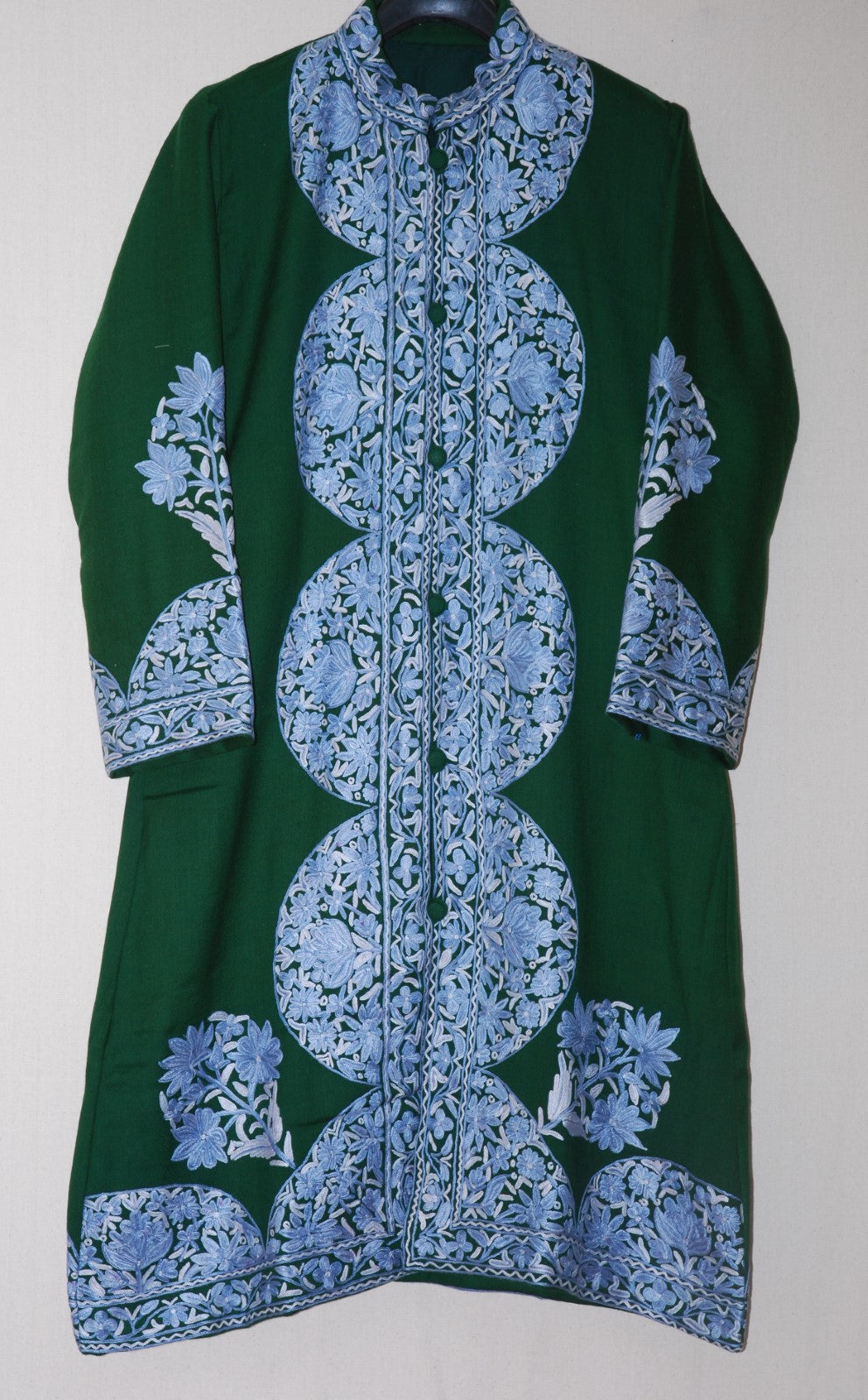 Hand Embroidered Woolen Coat Long Jacket, Blue on Green #AO-192