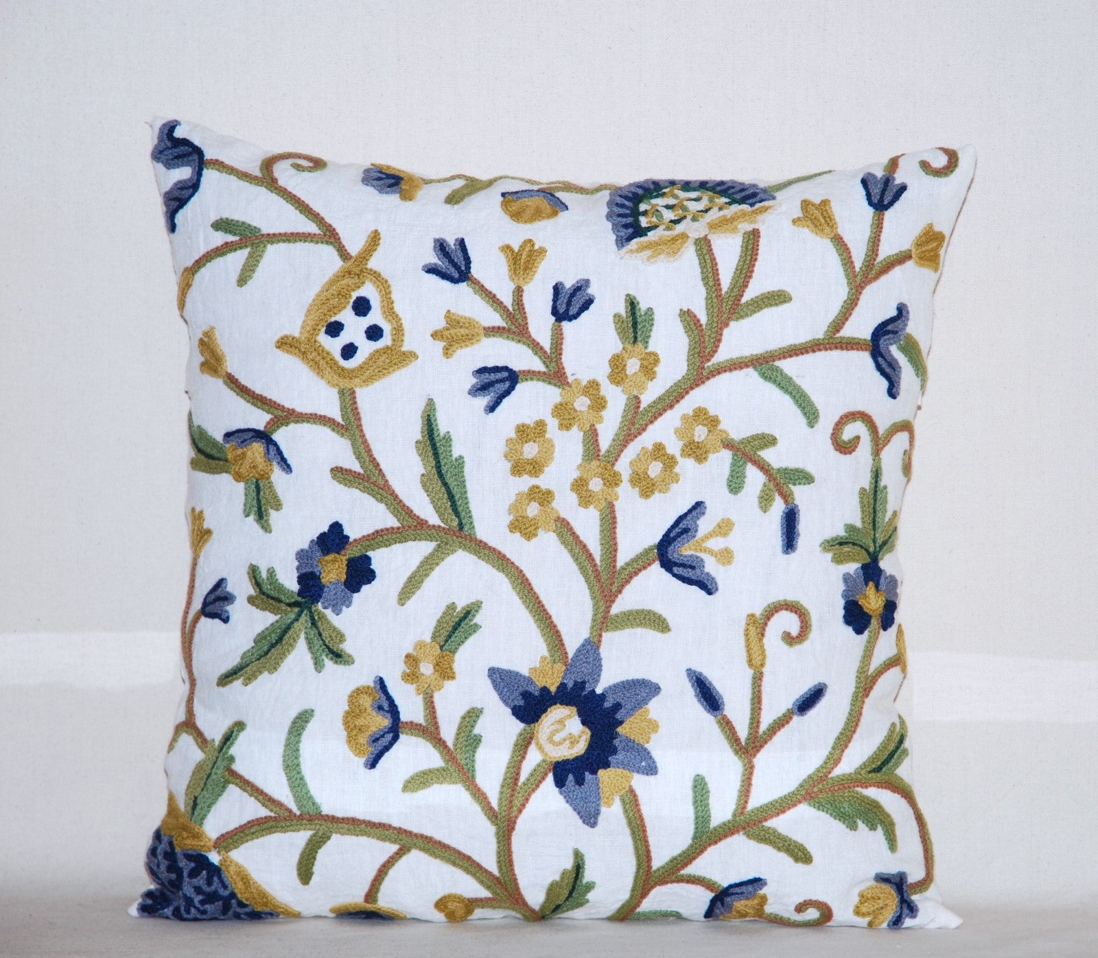 Crewel Embroidery Linen Throw Pillow Cushion Cover, Multicolor #CW601