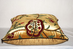 Crewel Chenille Velvet Throw Pillow Cushion Cover, Multicolor on Gold #CW526