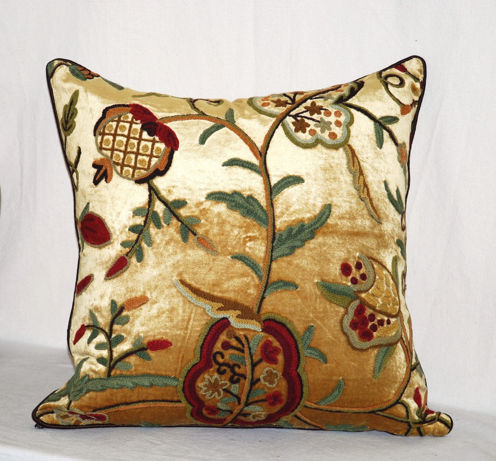 Crewel Chenille Velvet Throw Pillow Cushion Cover, Multicolor on Gold #CW526