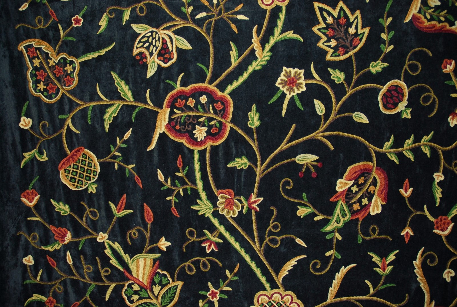 Chenille Velvet Crewel Embroidered Fabric Black, Multicolor #CV303