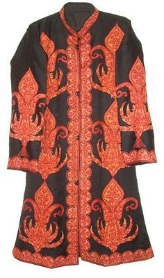 Woolen Coat Long Jacket Black, Rust Embroidery #AO-110