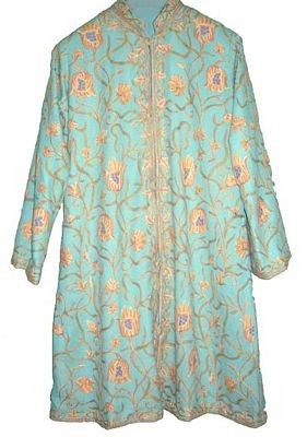 Woolen Coat Long Jacket Turquoise, Multicolor Embroidery #AO-113