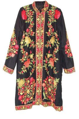 Woolen Coat Long Jacket Black, Multicolor Embroidery #AO-122