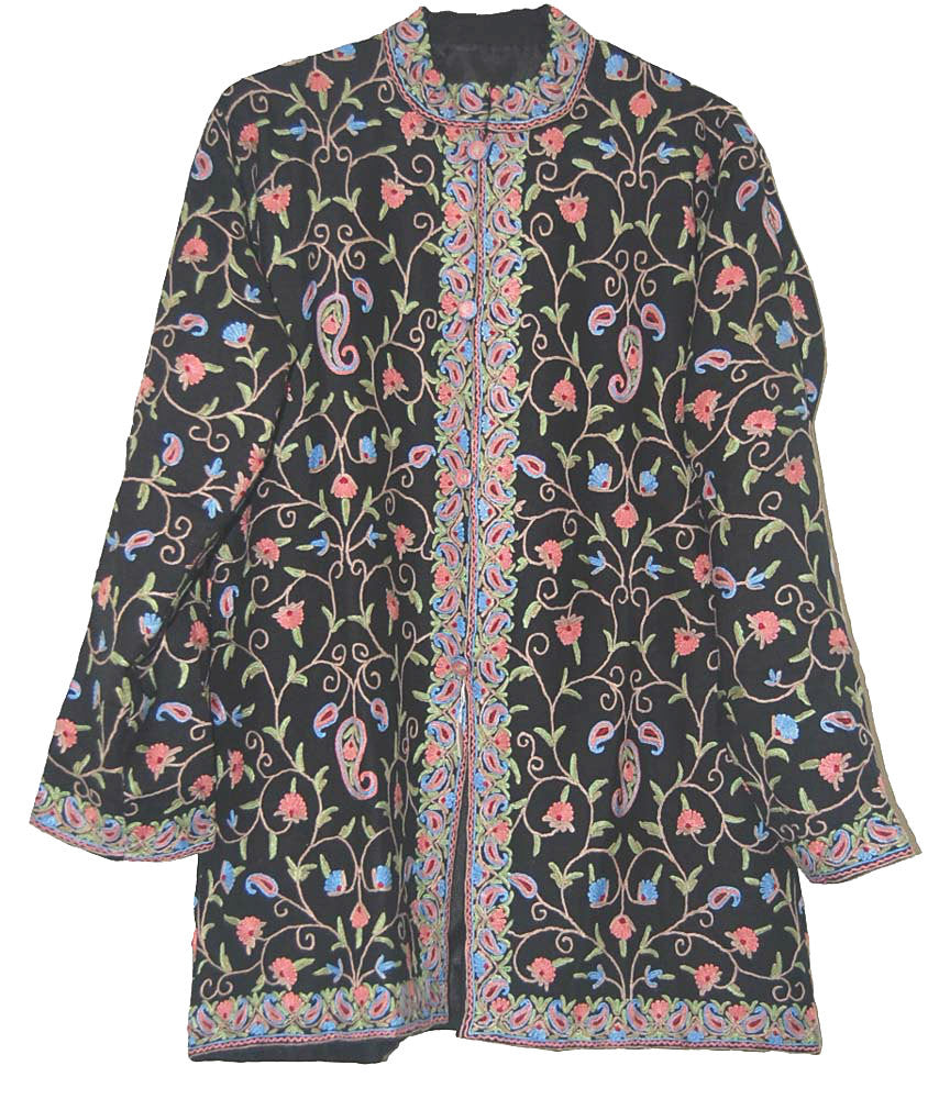 Embroidered Woolen Jacket Black, Multicolor Embroidery #AO-0094
