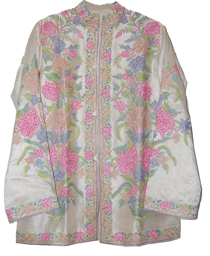 Embroidered Silk Jacket White, Multicolor Pastel Embroidery #AO-018