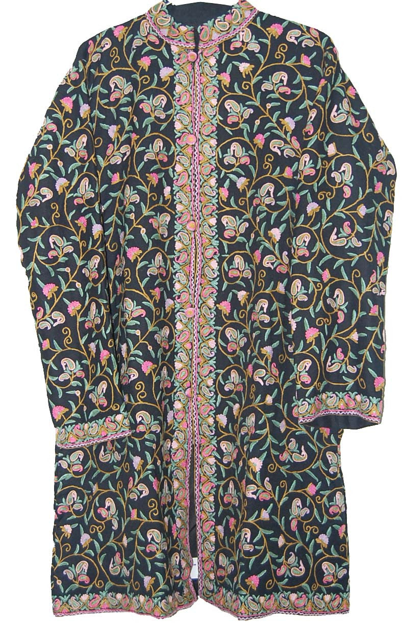 Woolen Coat Long Jacket Black, Multicolor Embroidery #AO-1271