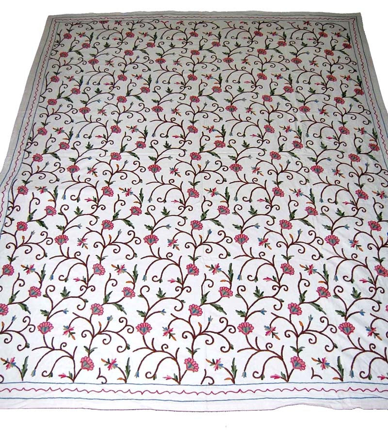 Cotton Crewel Embroidered Bedspread Off-White, Multicolor #FLR1103