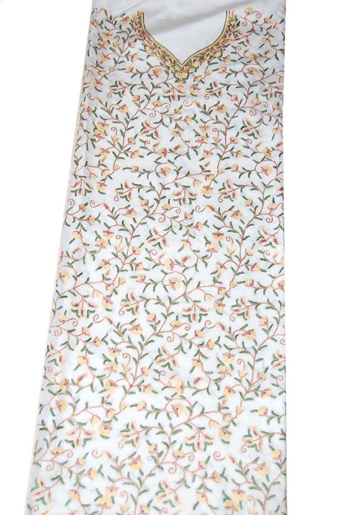 Crepe Silk Salwar Kameez Suit Unstitched Fabric White, Multicolor Embroidery #FS-901
