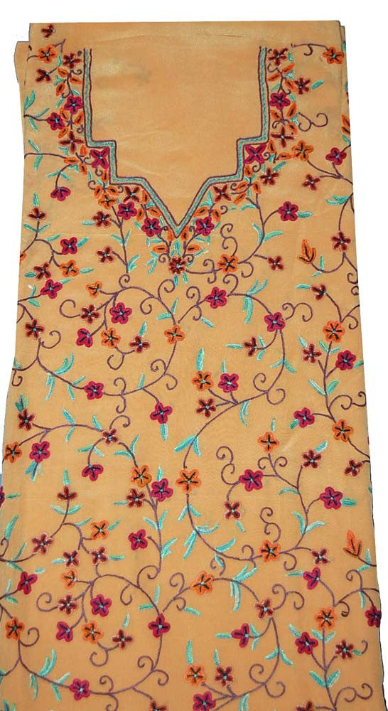 Crepe Silk Salwar Kameez Suit Unstitched Fabric Apricot, Multicolor Embroidery #FS-914