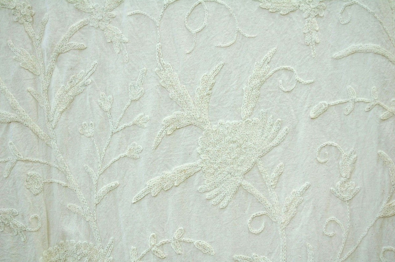 Cotton Crewel Embroidered Fabric Tree of Life, White on White #DDR021