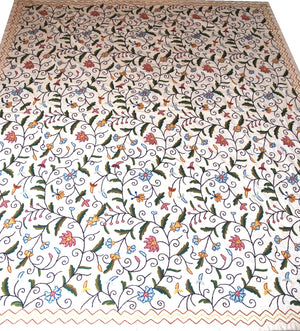 Cotton Crewel Embroidered Bedspread Jacobean, Multicolor #TML1001