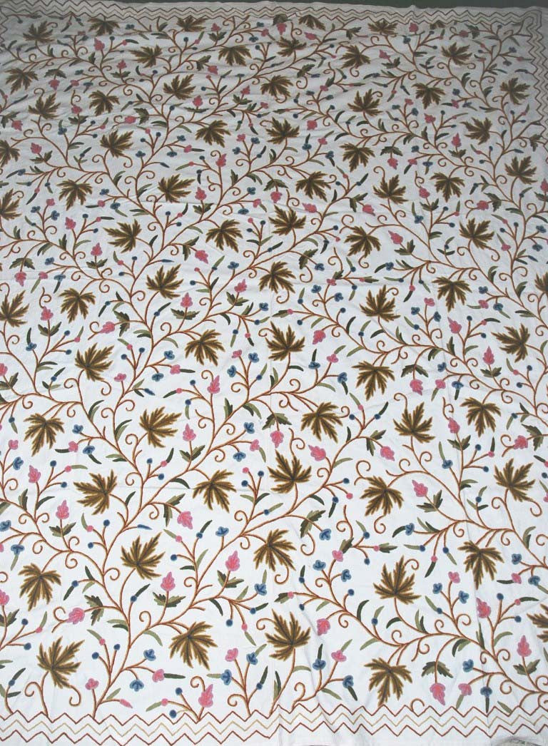 Cotton Crewel Embroidered Bedspread "Maple" Off-White, Multicolor #CHR1102