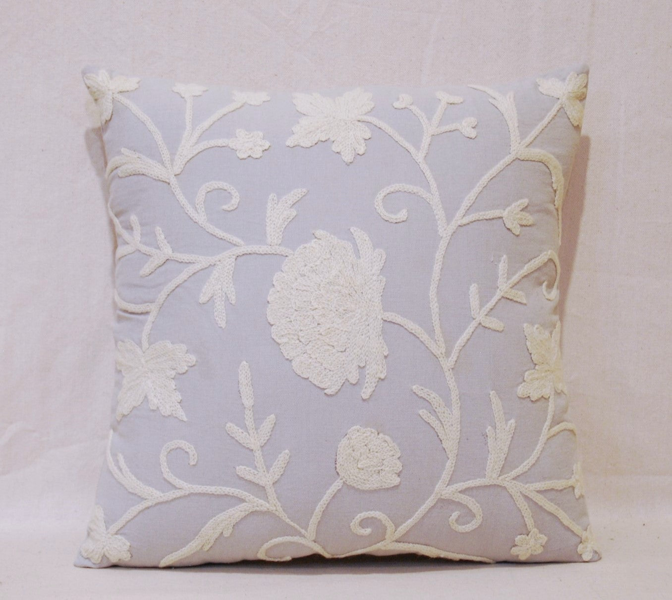 Crewel Embroidery Throw Pillowcase, Cushion Cover Floral, White on Grey #CW341