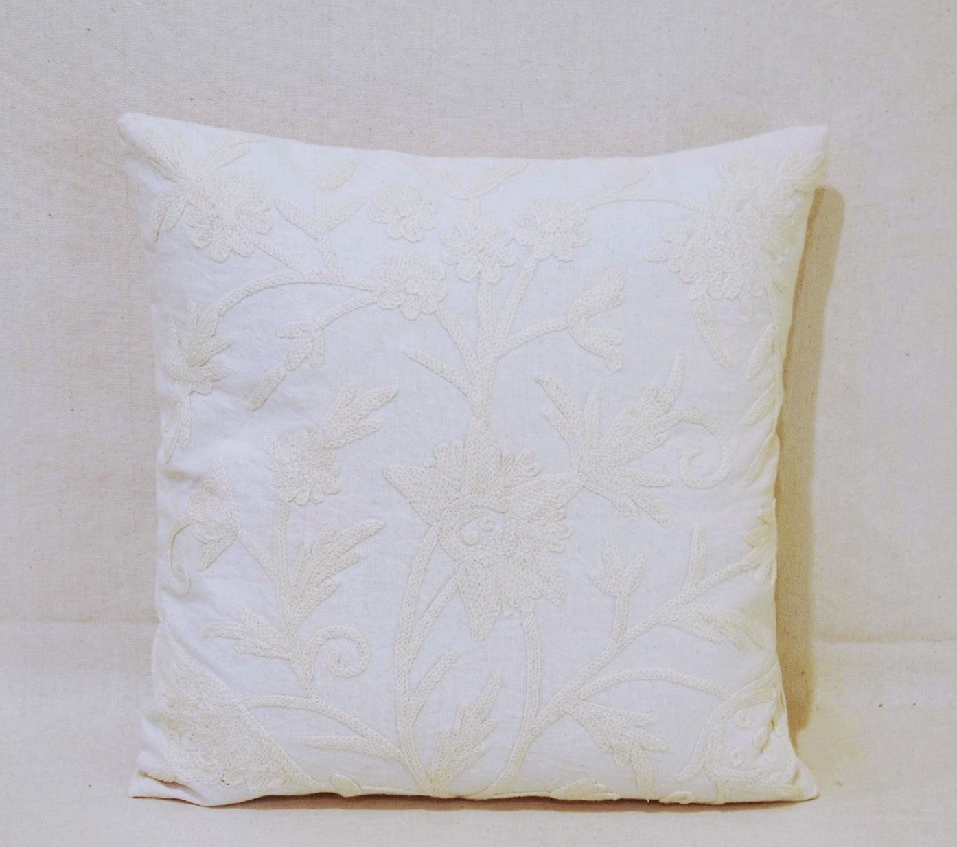 Crewel Embroidery Throw Pillowcase, Cushion Cover "Tree of Life", White on White #CW421