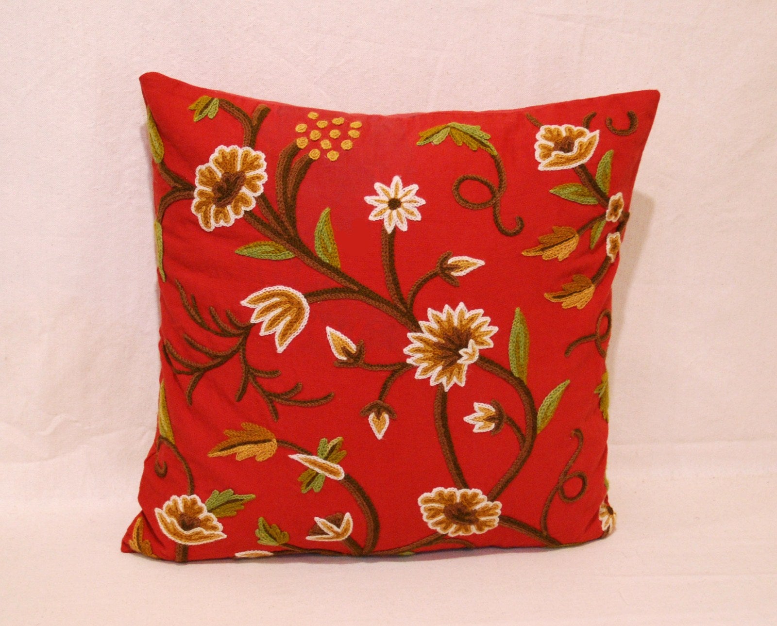 Crewel Wool on Cotton Throw Pillow Cushion Cover Red, Multicolor #CW231