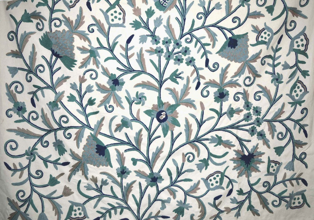 Cotton Crewel Embroidered Fabric Tree of Life, Blue and Grey #DDR014