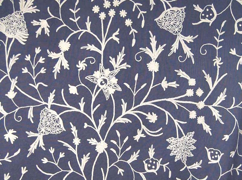 Cotton Crewel Embroidered Fabric Tree of Life, White on Dull Navy #DDR051