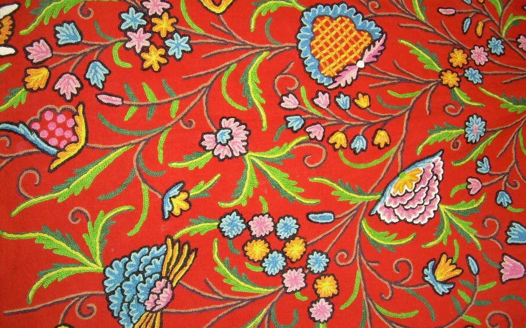 Cotton Crewel Embroidered Fabric Tree of Life Orange, Multicolor #DDR101