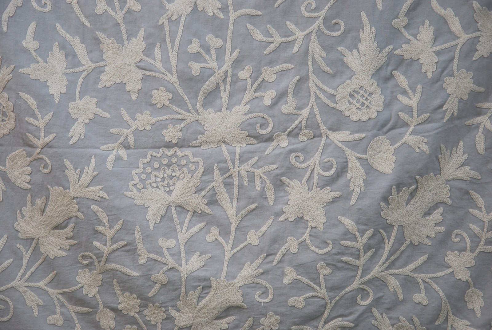 Cotton Crewel Embroidered Fabric, White on Light Grey #FLR452