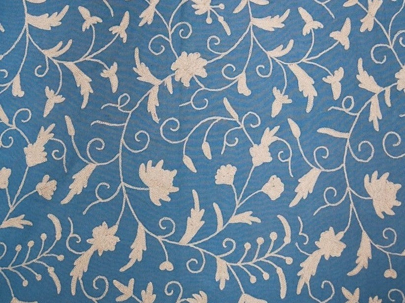 Cotton Crewel Embroidered Fabric Jacobean, White on Sky Blue #TML510